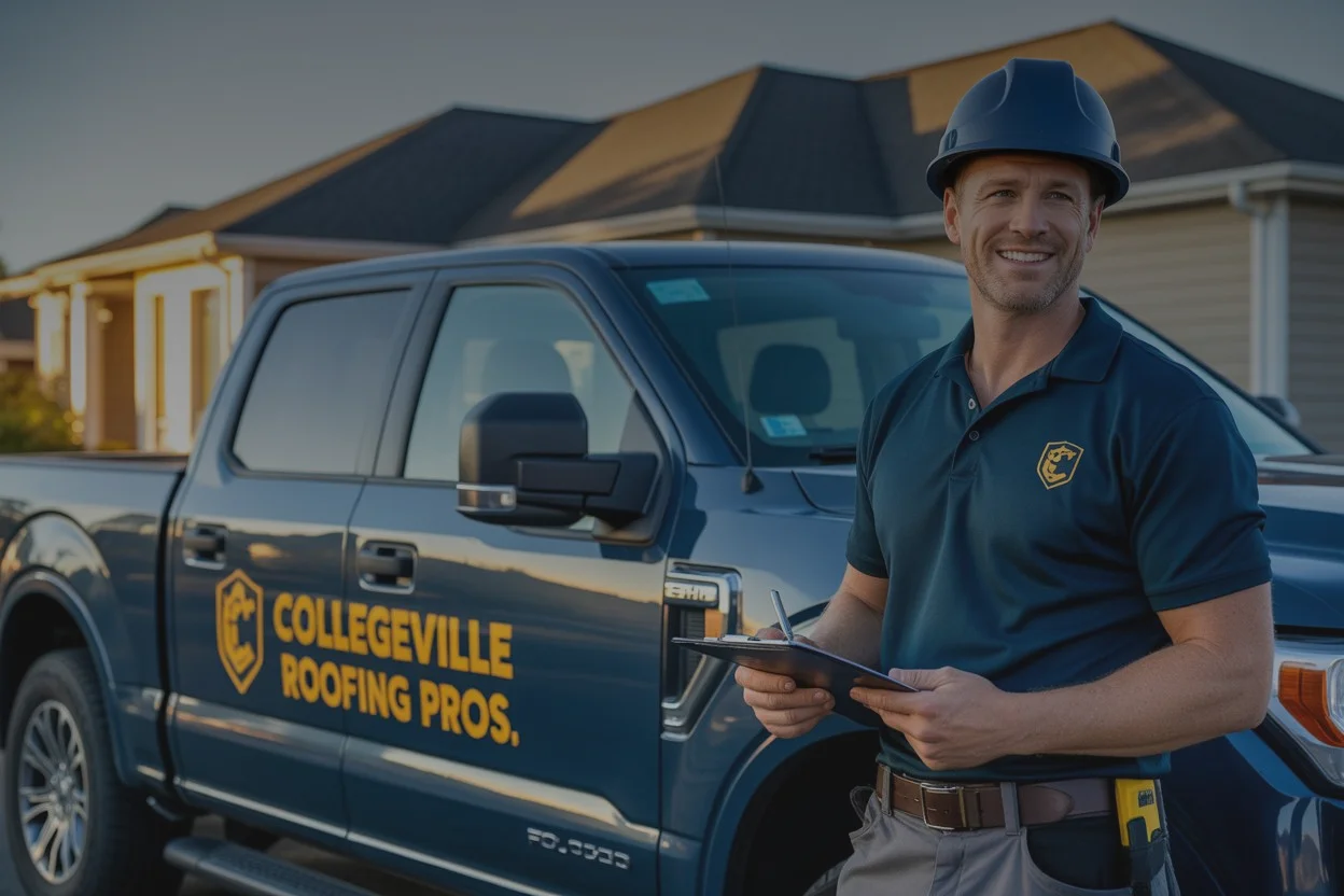 Professional roofer in Collegeville standing beside a branded service truck outside a home