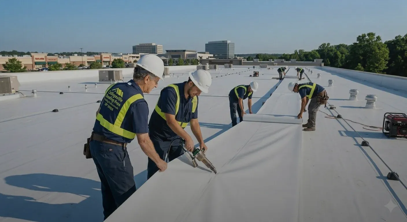 A professional team performing a commercial roof repair on a TPO flat roof in Collegeville, PA, wearing branded navy blue uniforms and safety gear.