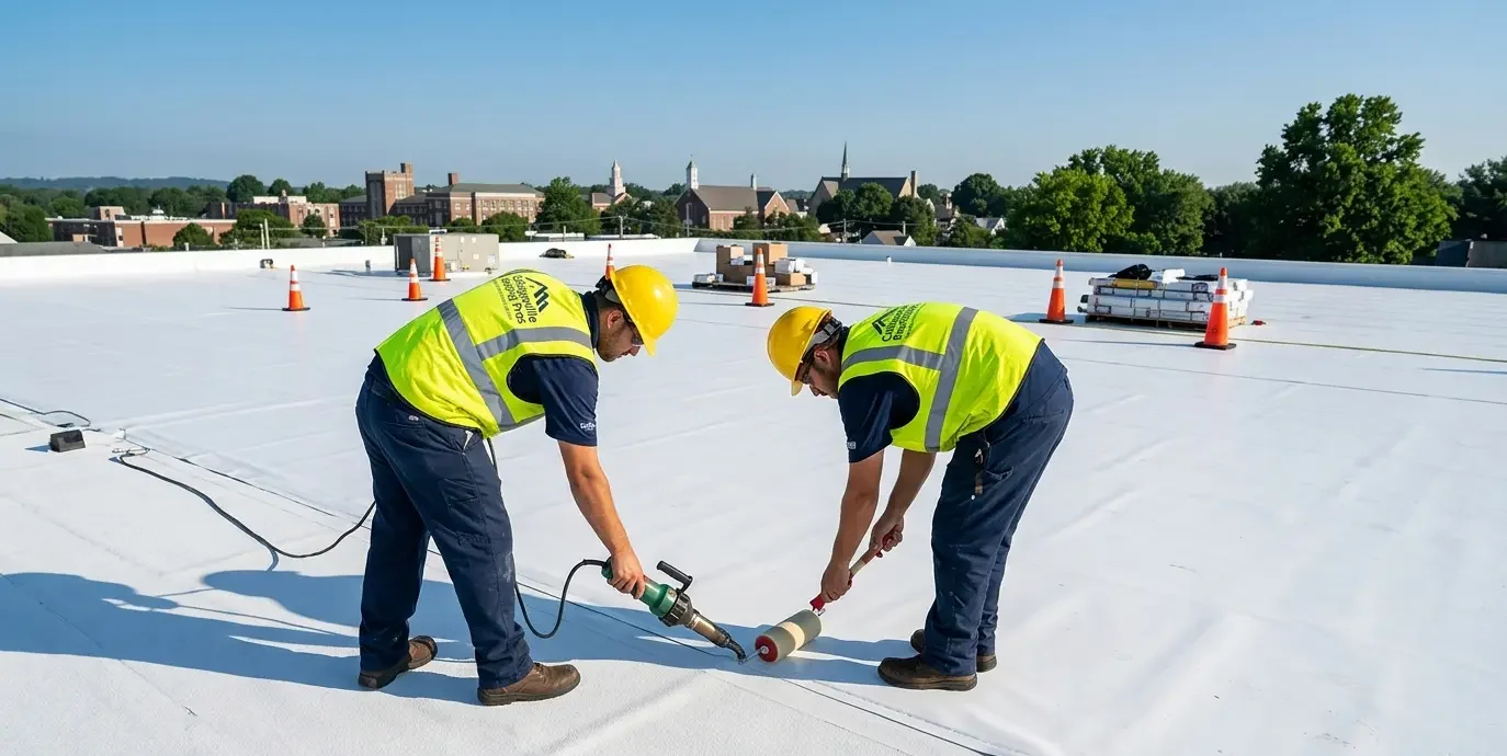 A specialized flat roof contractor team installs a new white TPO membrane roof on a property in Collegeville, PA, using a hot-air welder.