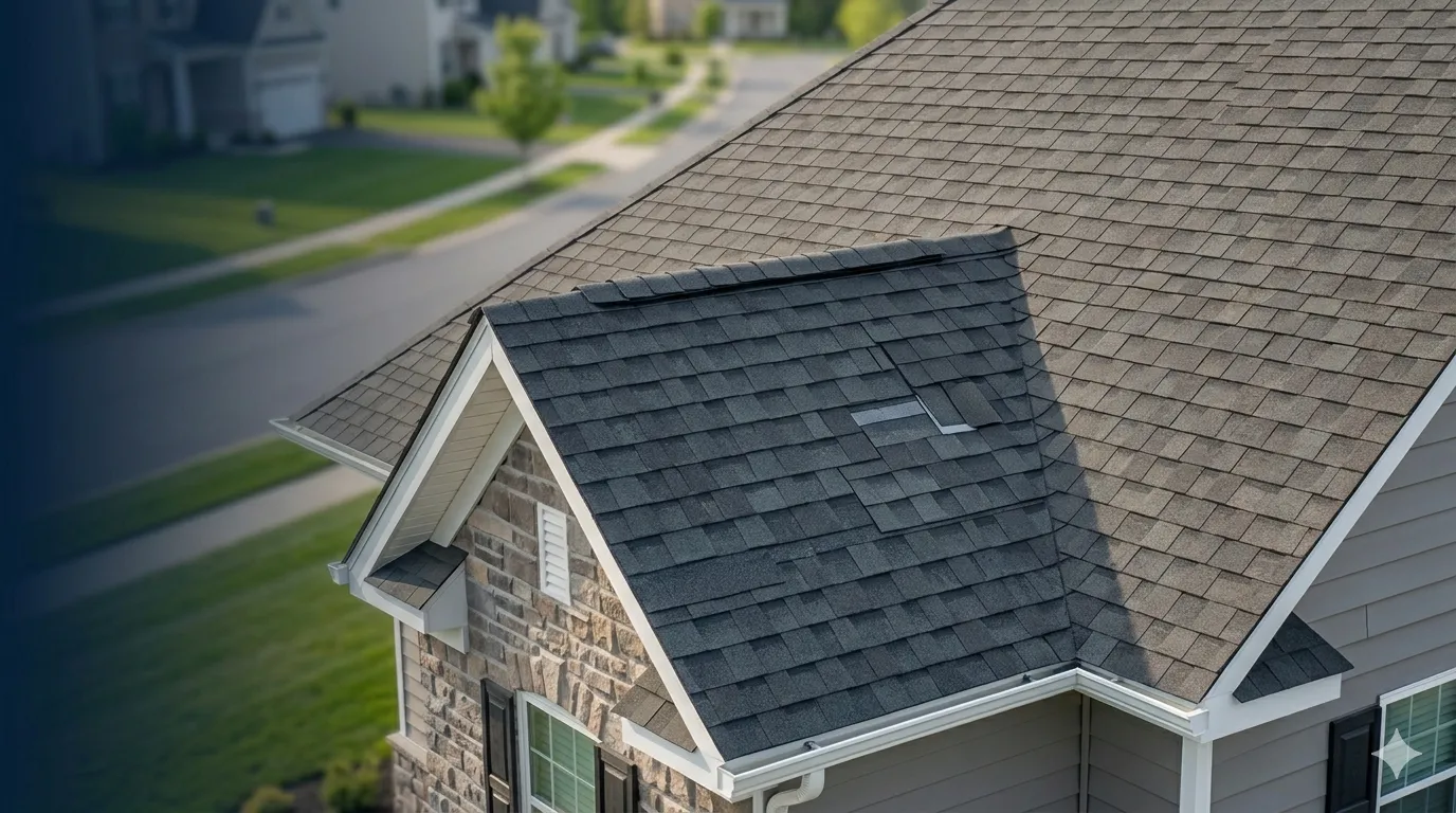 Detailed view of repaired asphalt shingles on a residential roof in Collegeville, PA