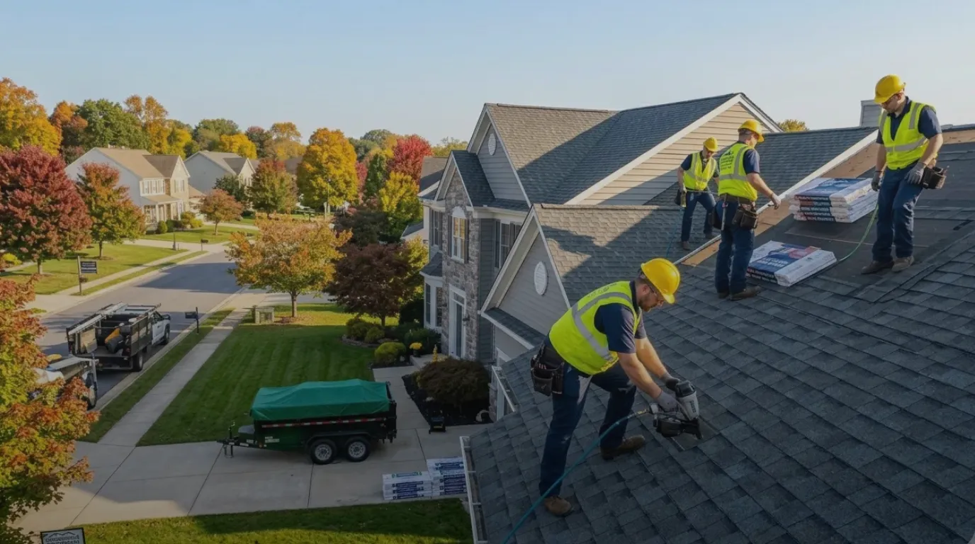 A specialized residential roof replacement crew from Collegeville Roofing Pros performing a clean installation of new architectural shingles on a suburban home.